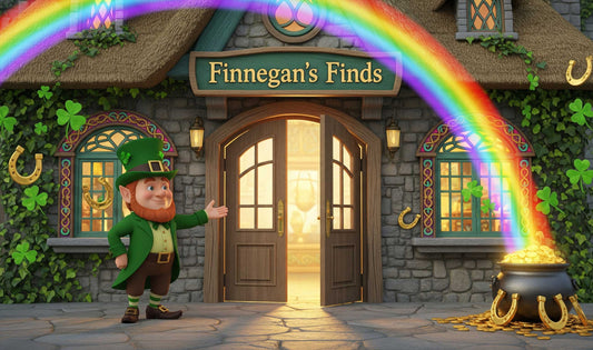 Finnegan the leprechaun celebrates the grand opening of Finnegan's Finds, a magical Irish store, by welcoming visitors. A rainbow and a pot of gold decorate the entrance.